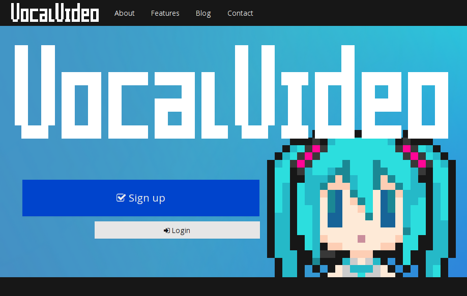 Capture of the homepage with Marie-chan dressed as Miku-chan