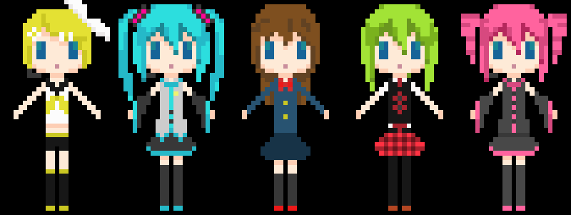 Marie-chan in her school uniform (center) and dressed as Rin Kagamine, Miku Hatsune, GUMI, and Teto